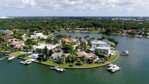 Aerial view of Siesta Key barrier island and luxury villa in the Gulf of Mexico, coast of Sarasota, Florida, USA