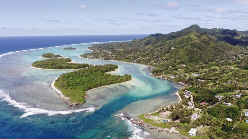 Aerial footage with rotate motion of the stunning Muri lagoon and beach in Rarotonga in the Cook island in the south Pacific ocean