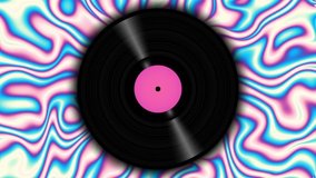 Spinning vinyl discs on abstract moving background. Seamless looping footage.