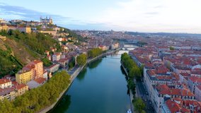 Drone Lyon aerial skyline view from above in 4k. France lyon city.