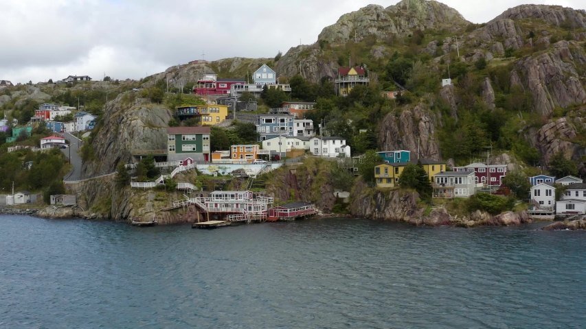 Aerial view of ocean and townhouses in newfoundland