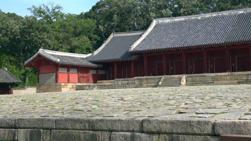 Jongmyo Shrine main hall or Jeongjeon panning shot in Seoul South Korea