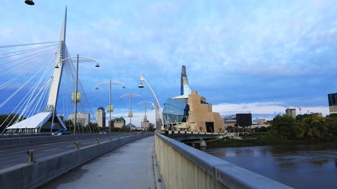 WINNIPEG, MANITOBA/CANADA- SEPTEMBER 24, 2019: Timelapse Canadian Museum for Human Rights and Provencher Bridge, Winnipeg 4K
