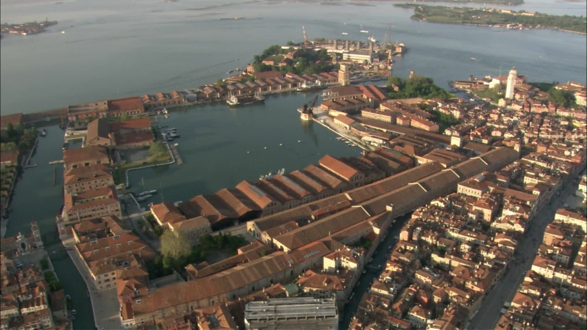 Aerial shot of the Venice Arsenal Royalty-Free Stock Footage #1039742297