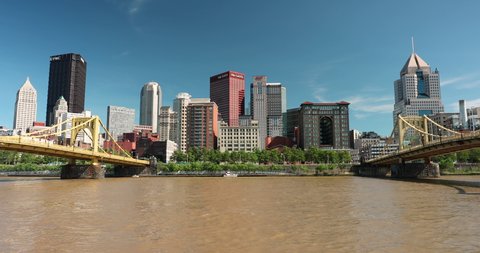 Pittsburgh, Pennsylvania - June 23 2019:  Roberto Clemente Bridge and the Andy Warhol Bridge over Allegheny River Pittsburgh Pennsylvania USA