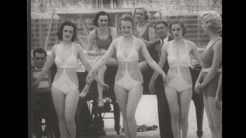 1920s Three Flapper Women Model Proactive Swimsuits in Public. 