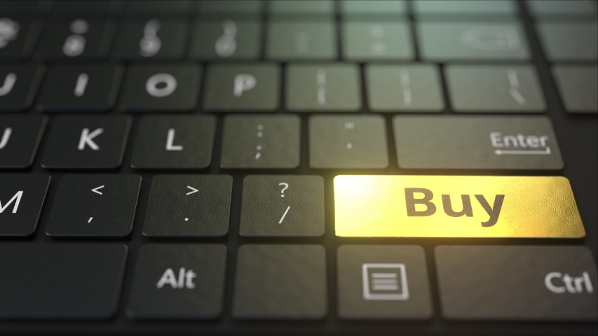 Black computer keyboard and gold buy key. Conceptual 3D animation