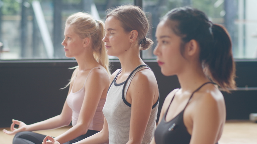 Young diversity sporty people practicing yoga lesson with instructor. Multi racial group of women exercising healthy lifestyle in fitness studio. Sport activity, gymnastics or ballet dancing class. Royalty-Free Stock Footage #1039751681