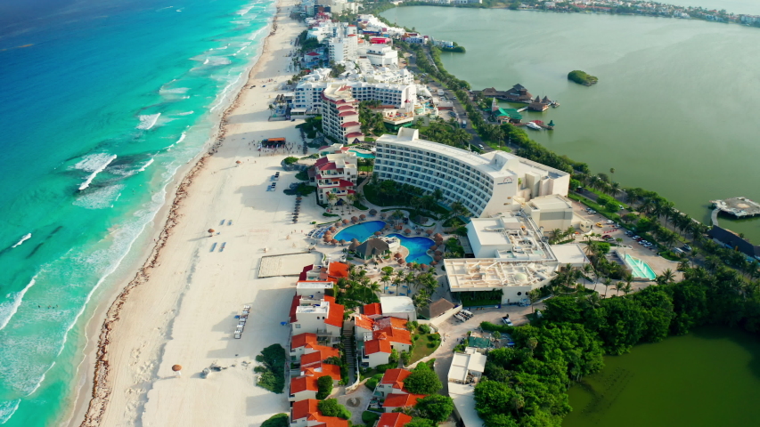 Drone shot over Cancun beach - Mexico