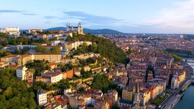 Beautiful view of lyon city skyline aerial view drone video france, view of river old town and church cathedral.