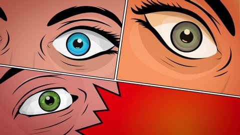 Comic Book Action Layout Background/
4k animation of a powerful comics like page layout background with eyes of man and woman characters showing