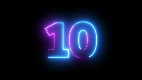 Neon bright glowing countdown timer from 10 to 0 seconds