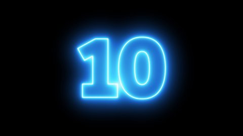 Neon bright glowing countdown timer from 10 to 0 seconds