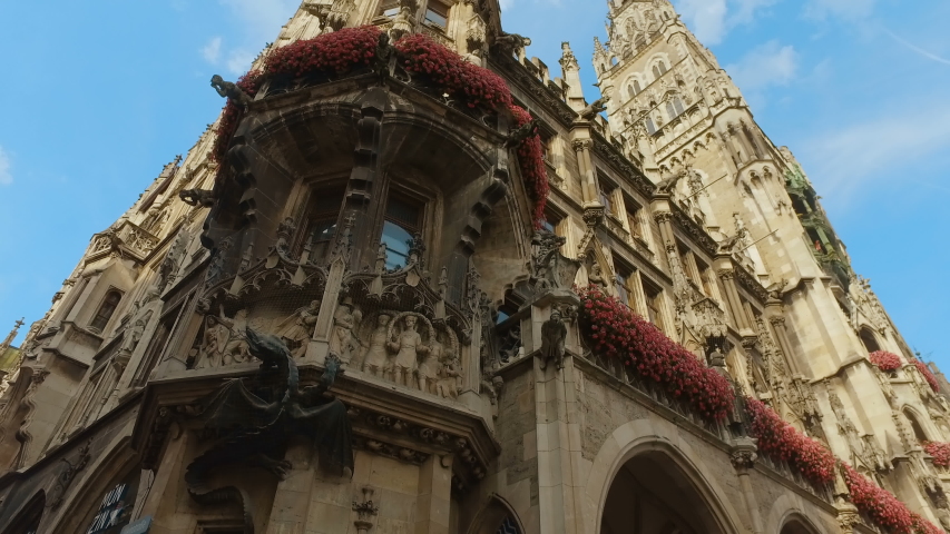 Elements of architecture and statues of the new city hall on Marienplatz in the center of Munich