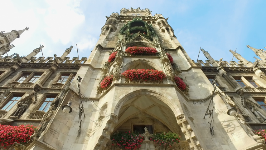 Elements of architecture and statues of the new city hall on Marienplatz in the center of Munich