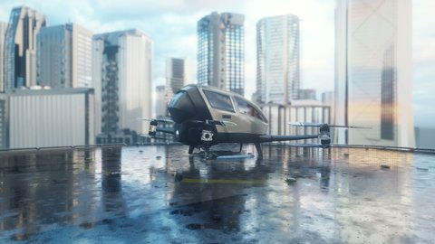 An unmanned passenger drone has flown in to pick up its passenger on a cloudy day. The concept of the future unmanned air taxi. 3D rendering of animation.