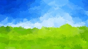 abstract animated twinkling stained background seamless loop video - watercolor splotch effect - color green grass and summer blue sky landscape