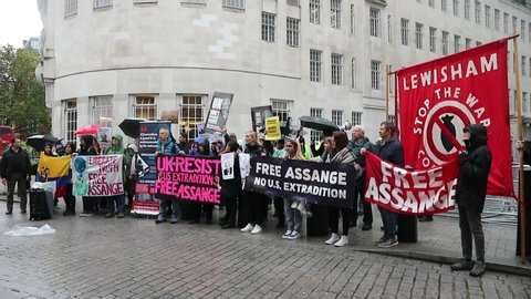 London/UK - October 26 2019: Assange supporters rally outside BBC studios to fight the extradition order that has been issued from the USA over publications of secret documents.
