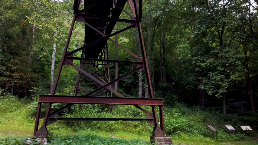 Panning shot showing the Nuttallburg coal tipple in New River Gorge National Park in Fayetteville, West Virginia.
