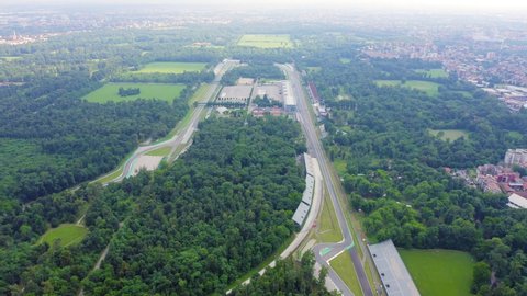 Monza, Italy - July 6, 2019: Autodromo Nazionale Monza is a race track near the city of Monza in Italy, north of Milan. Venue of the Formula 1 Grand Prix. From the air, Aerial View
