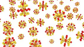 Background of spinning molecules. Many yellow and red molecules are rotating on white background. Footage video