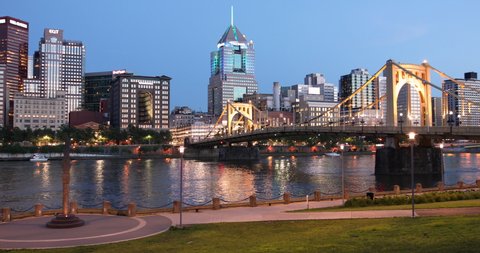 Pittsburgh, Pennsylvania - June 23 2019: Roberto Clemente Bridge and the Andy Warhol Bridge over Allegheny River Pittsburgh Pennsylvania USA