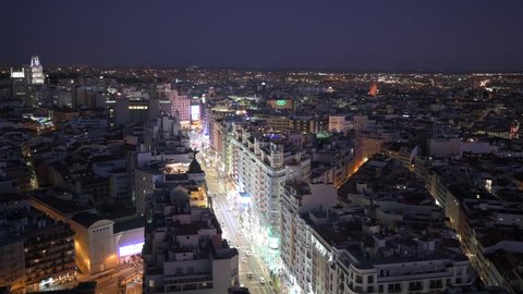 skyline of the Gran Via street of city of Madrid in the night