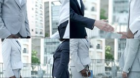 Business colleagues shaking hands. Multiscreen montage of professional multiethnic businessmen and businesswomen shaking hands. Agreement concept