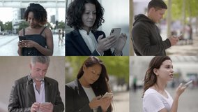 Collage of various people using smartphones. Multiscreen montage of multiethnic men and women holding mobile phones, browsing and talking. Technology concept