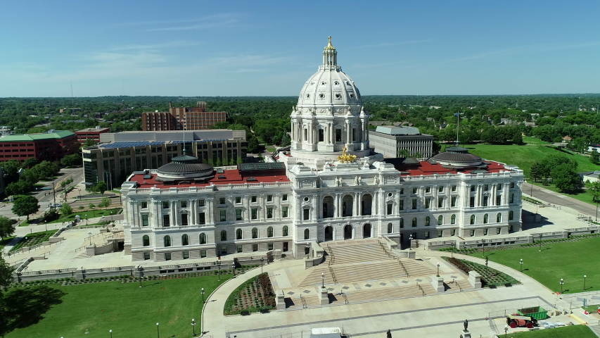 Drone aerial of state government capitol building in St. Paul, Minnesota. Midwest politics and architecture. Prores file, shot in 4K. Royalty-Free Stock Footage #1039863137