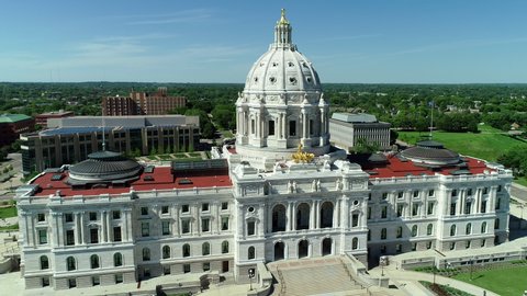 Drone aerial of state government capitol building in St. Paul, Minnesota. Midwest politics and architecture. Prores file, shot in 4K.