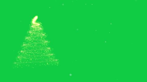 Animated Christmas tree with falling snowflakes on green screen background and copyspace, space for text. Christmas tree made of gold animated particles. Christmas mood. Glittering effect.