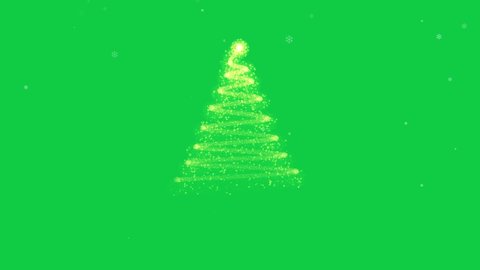 Animated Christmas tree with falling snowflakes on green screen background and copyspace, space for text. Christmas tree made of gold animated particles. Christmas mood. Glittering effect.