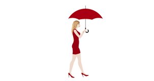 Female in a red dress, high heel red shoes walk with re umbrella cycle cartoon flat animation on transparent background. 4k video. Alpha channel. Loop animation.