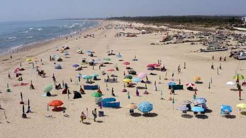 Aerial footage of ocean, beach in Algarve Portugal