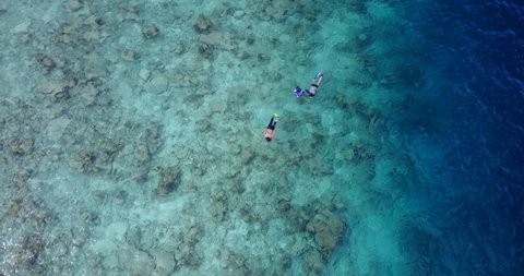 Couple snorkeling in crystal clear turquoise water in Mexico -Aerial shot