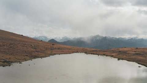 Drone shot of a lake in mountains of Hiamalaya Ladakh