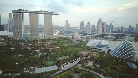 Singapore September 22 2019 : Descending drone footage of Marina Bay and Garden by the Bay.
