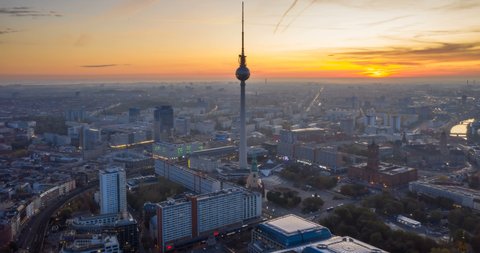 22 OCTOBER 2019, Berlin, Germany. Berlin Skyline City Panorama with Berlin TV Tower, sunset and traffic - famous landmark in Berlin, Germany, Europe.