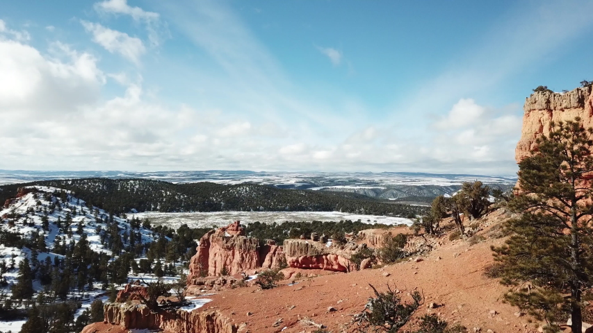 Bryce Canyon National Park Utah USA On Winter, Pull Back Aerial to Red Sandstone Hoodoo Formation
