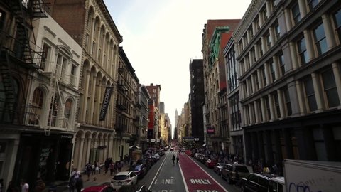 NEW YORK CITY, USA - October 25, 2019: Moving drone shot of iconic historic skyscrapers in soho NYC New York City Manhattan 