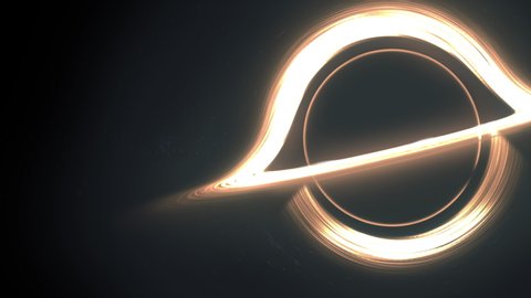 Animations of a massive black hole with a bright accretion disk. Space bend. Light and gas revolve around a massive black hole. Gravity Lens Effect on background. Space footage