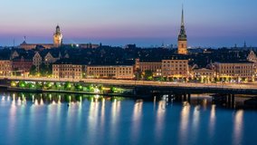 Panoramic view of Gamla Stan or the Old Town at dawn. Stockholm city skyline. Time lapse video. 