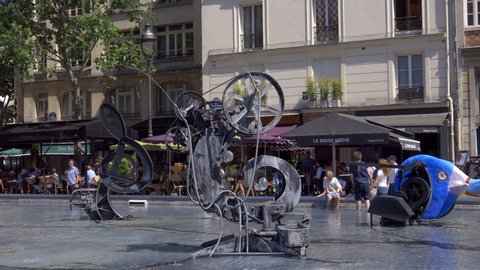Paris, France - June 2019 : The Stravinsky Fountain at the center of the Stravinsky Square near the Centre Pompidou Beaubourg in the center of Paris France