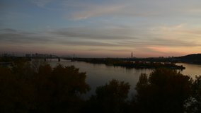Evening blue hour Dnipro river panorama left coast Kiev Ukraine 4k video