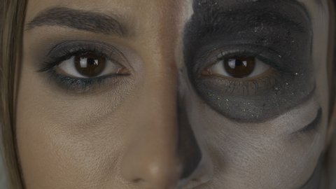 close up portrat eyes vamp woman with defiant makeup 4k