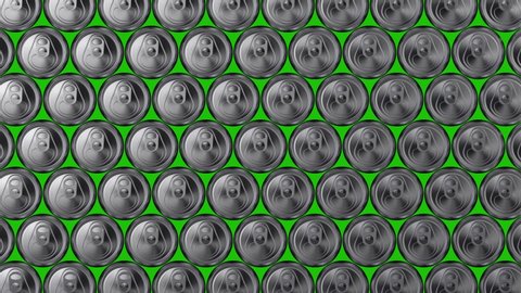 Wall of aluminium cans tumbling down, animated background. Recycling, food industry, aluminium production. 3d rendering.