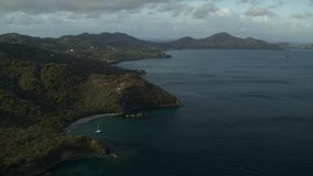 Aerial view of boats in bay near shore / Anse La Roche bay, Carriacou, Grenada