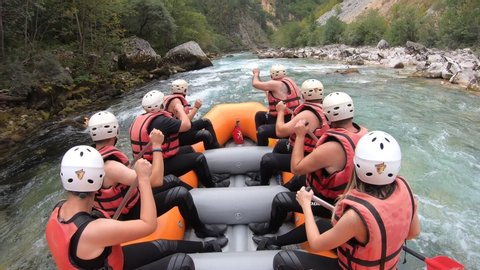 Tara,Montenegro - 14 September 2019 - Group of excited people enjoying at white water rafting