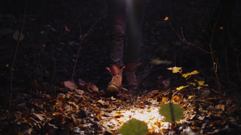 Legs of a woman in boots walking along a forest trail, lit by the light of a flashlight